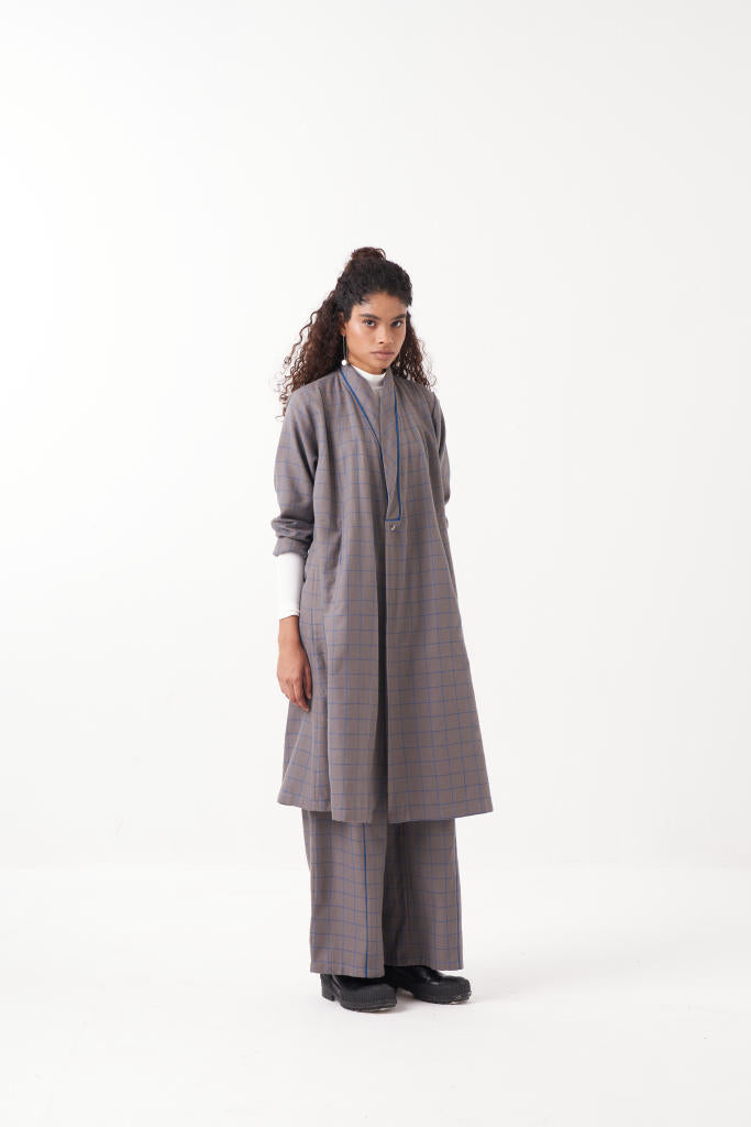 WRAP COLLAR EB CHECK-GREY CHECK by THREE in grey color for women in Singapore