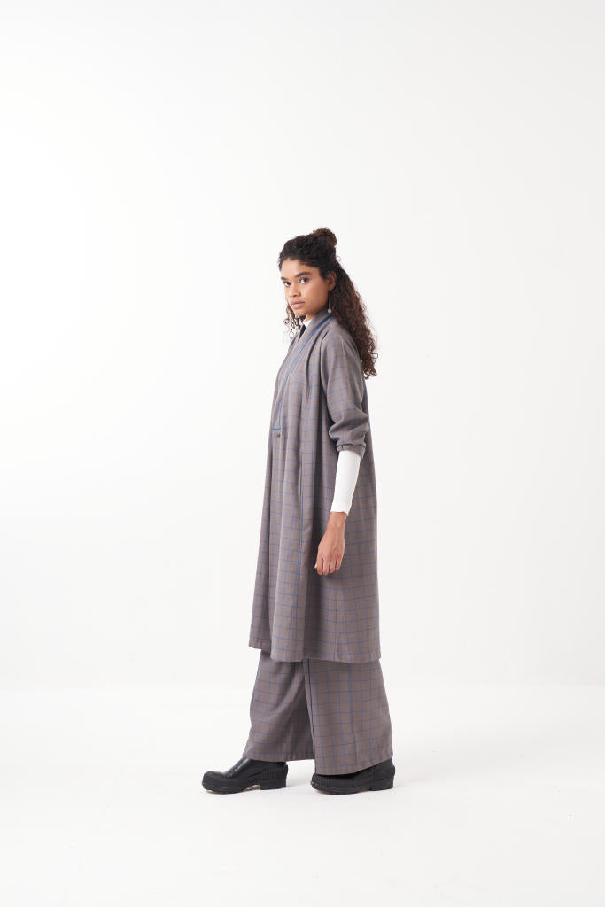 WRAP COLLAR EMB. CHECK CO-ORD (SET OF 2)-GREY CHECK by THREE in grey color for women in Singapore