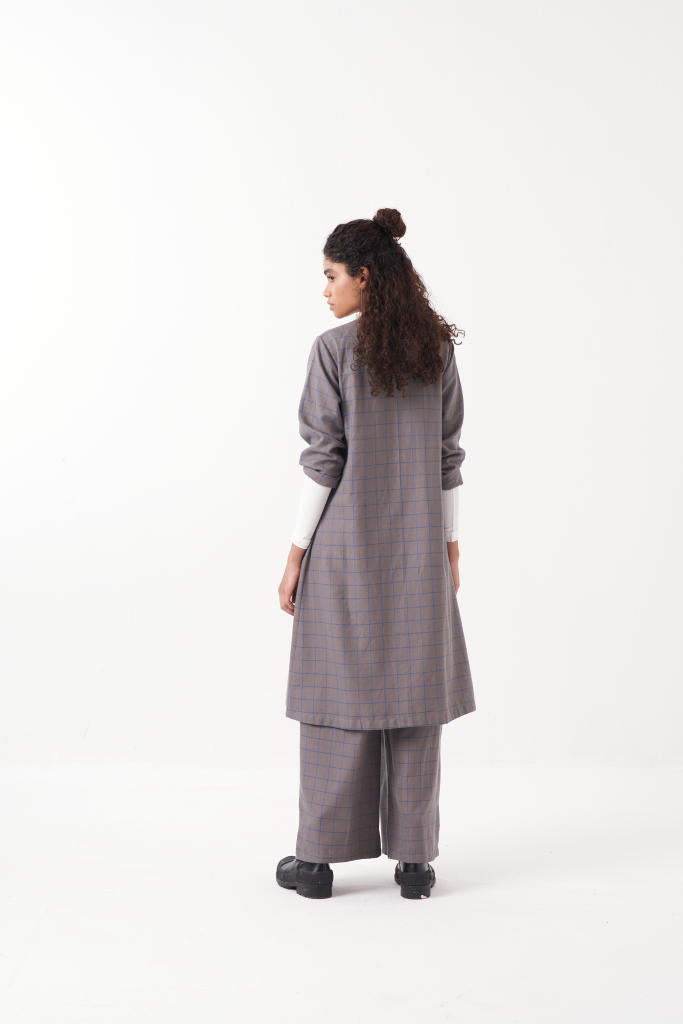 WRAP COLLAR EB CHECK-GREY CHECK by THREE in grey color for women in Singapore