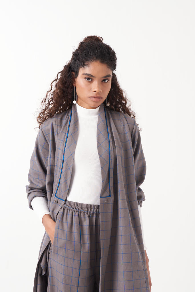 WRAP COLLAR EMB. CHECK CO-ORD (SET OF 2)-GREY CHECK by THREE in grey color for women in Singapore