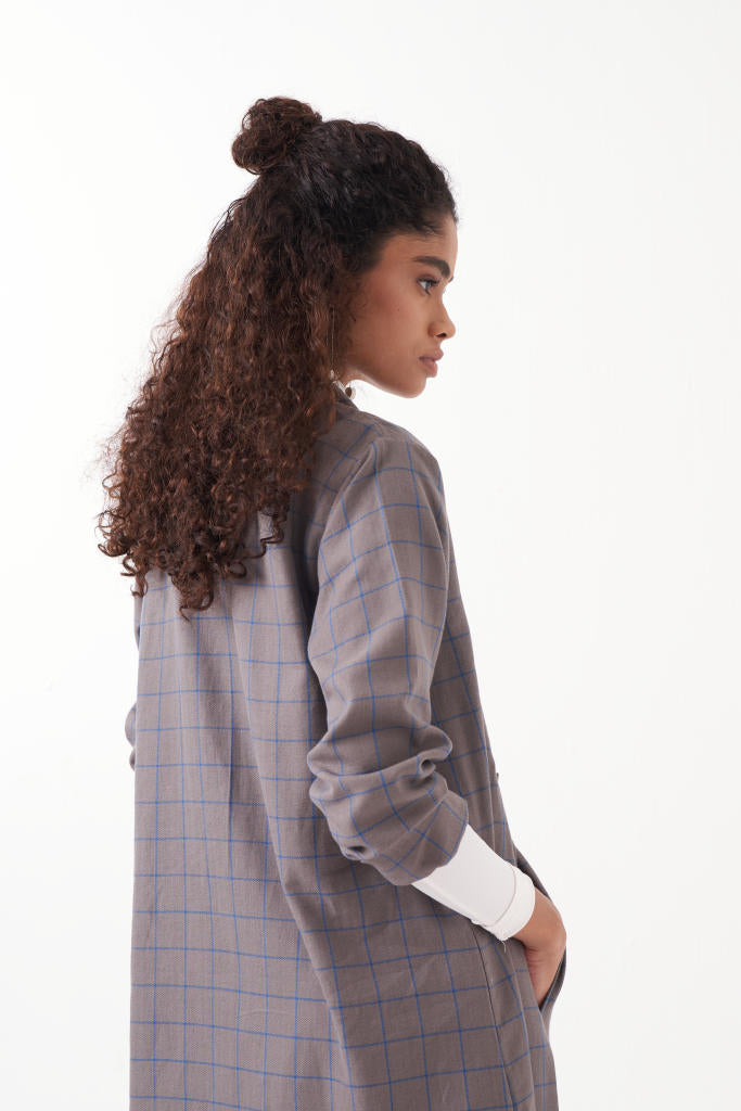 WRAP COLLAR EB CHECK-GREY CHECK by THREE in grey color for women in Singapore