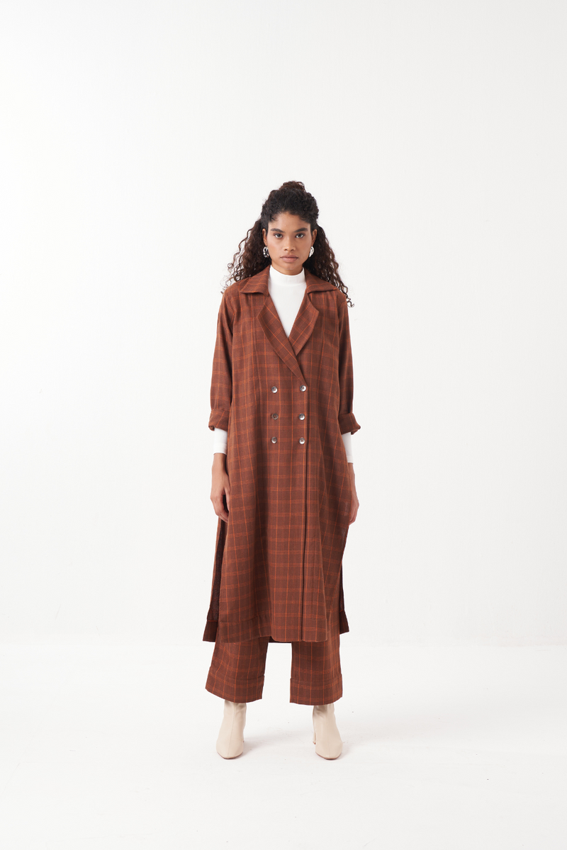 OVERLAP KAFTAN BROWN CHECK-CHOCOLATE BROWN by THREE in brown color for women in Singapore