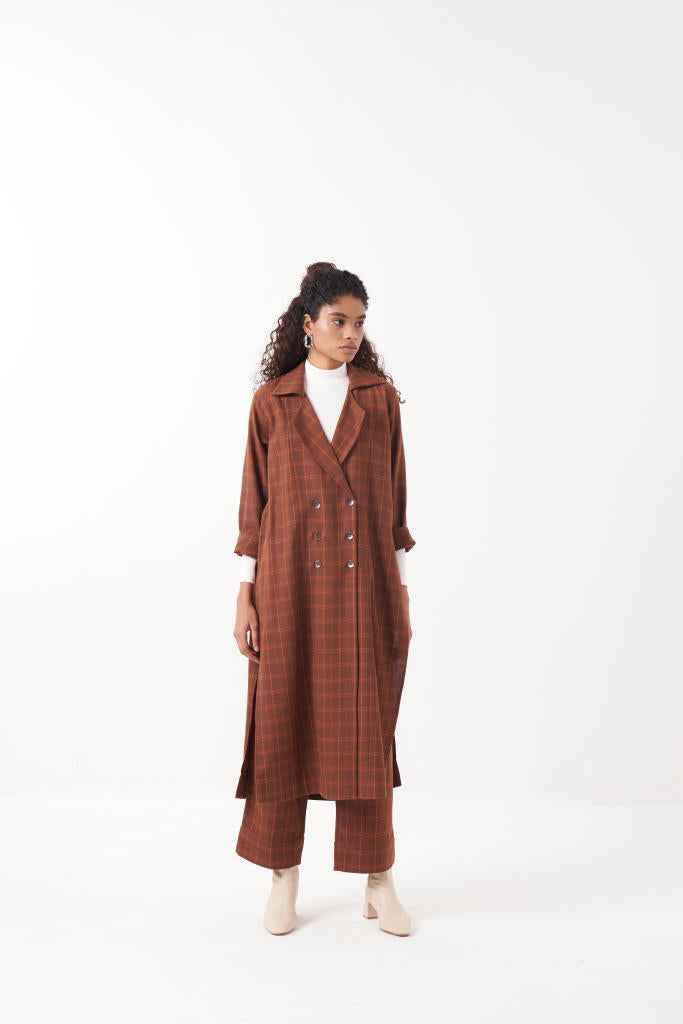OVERLAP KAFTAN BROWN CHECK CO-ORD (SET OF 2)-CHOCOLATE BROWN by THREE in brown color for women in Singapore