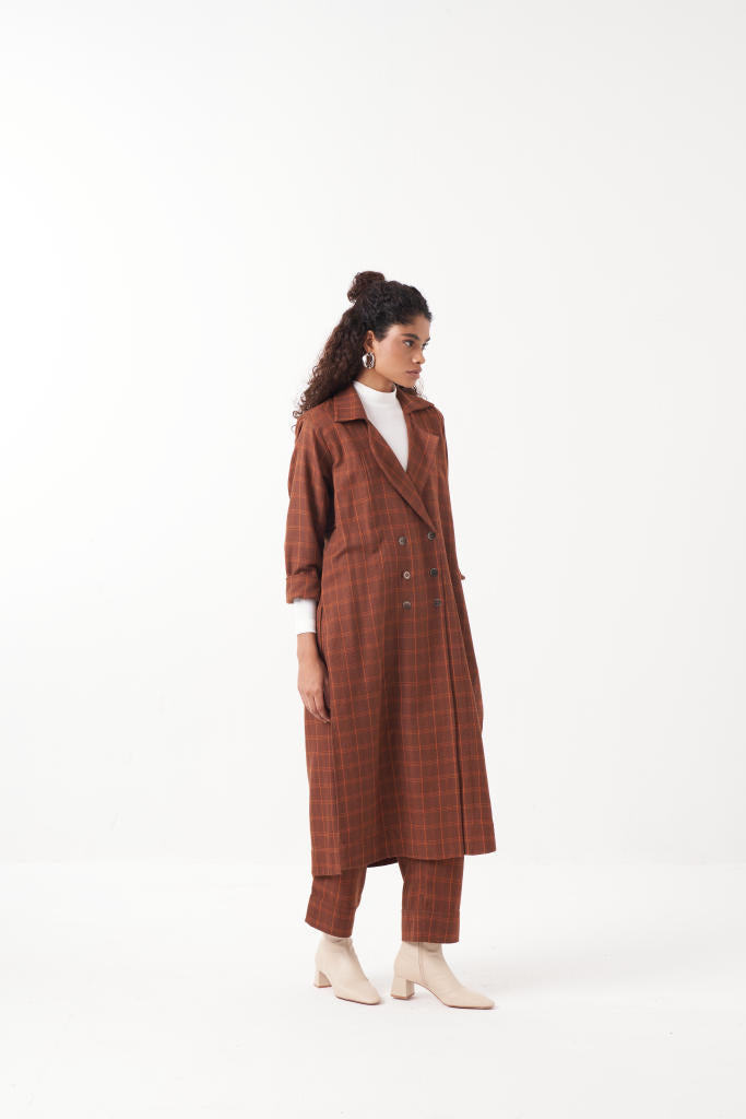 OVERLAP KAFTAN BROWN CHECK-CHOCOLATE BROWN by THREE in brown color for women in Singapore