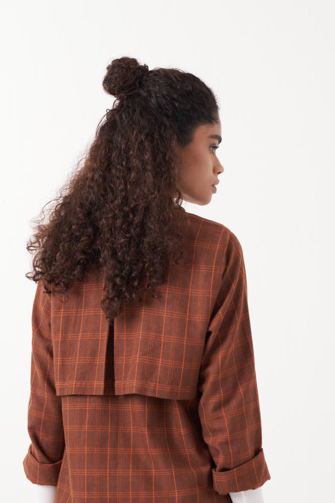 OVERLAP KAFTAN BROWN CHECK CO-ORD (SET OF 2)-CHOCOLATE BROWN by THREE in brown color for women in Singapore