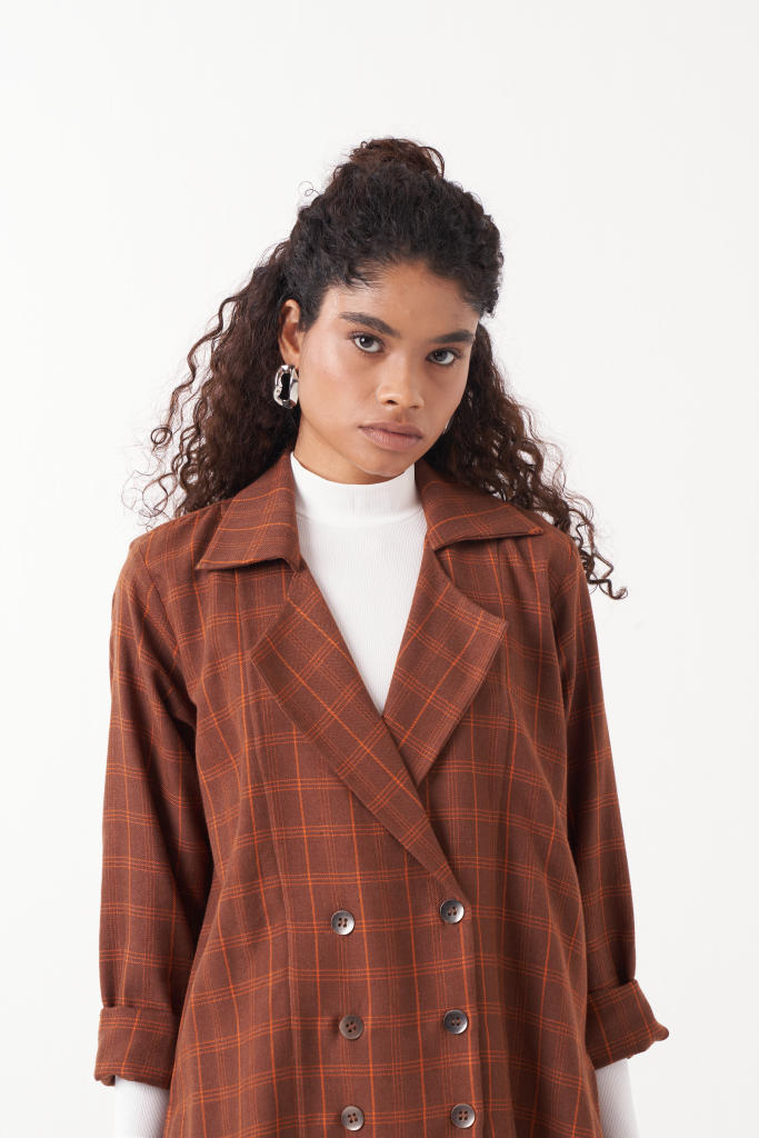 OVERLAP KAFTAN BROWN CHECK CO-ORD (SET OF 2)-CHOCOLATE BROWN by THREE in brown color for women in Singapore