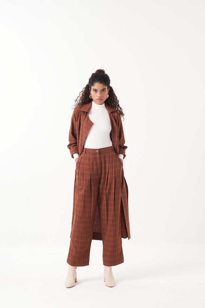 OVERLAP KAFTAN BROWN CHECK-CHOCOLATE BROWN by THREE in brown color for women in Singapore