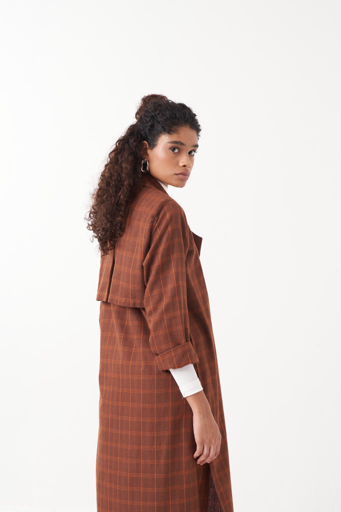 CHECKERED THREE PLEAT PANT-CHOCOLATE BROWN by THREE in brown color for women in Singapore