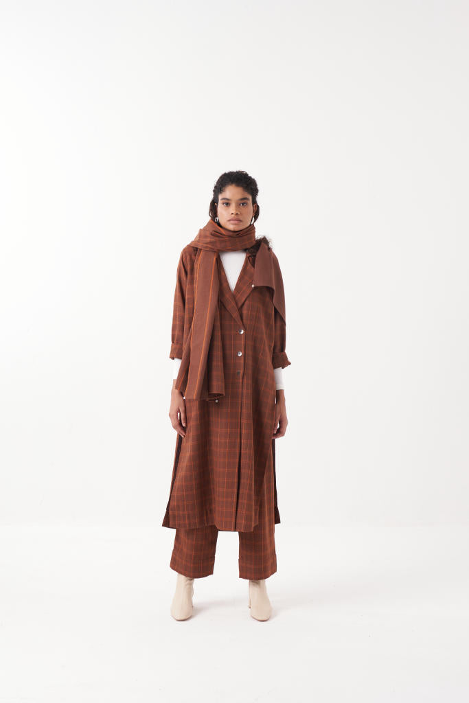 CHECKERED THREE PLEAT PANT-CHOCOLATE BROWN by THREE in brown color for women in Singapore