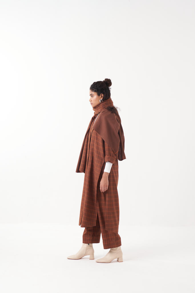 CHECKERED THREE PLEAT PANT-CHOCOLATE BROWN by THREE in brown color for women in Singapore