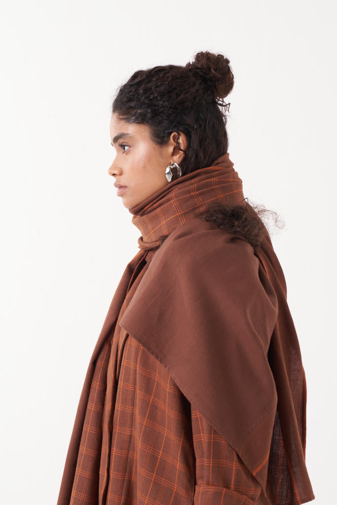 CHECKERED THREE PLEAT PANT-CHOCOLATE BROWN by THREE in brown color for women in Singapore
