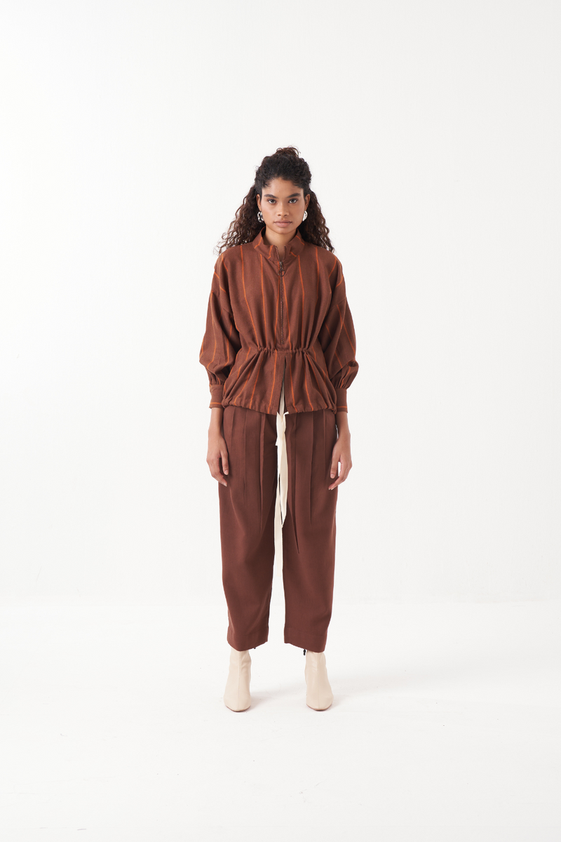 DRAWSTRING TOP-CHOCOLATE BROWN by THREE in brown color for women in Singapore
