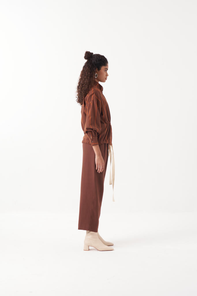 DRAWSTRING TOP-CHOCOLATE BROWN by THREE in brown color for women in Singapore