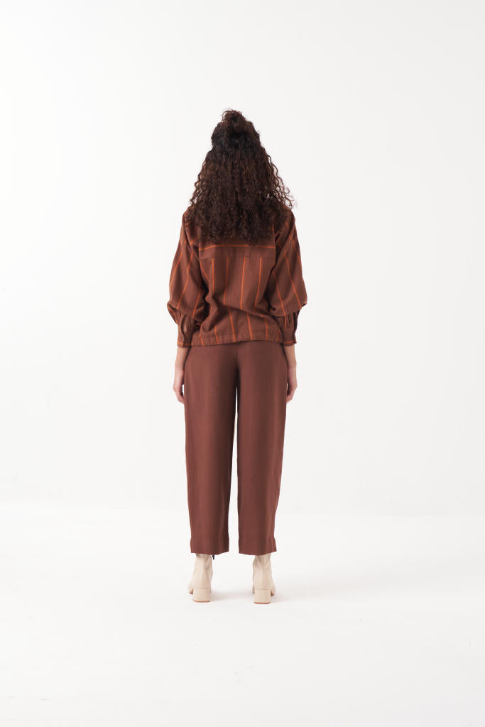 DRAWSTRING TOP-CHOCOLATE BROWN by THREE in brown color for women in Singapore