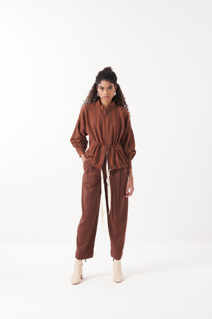 DRAWSTRING TOP-CHOCOLATE BROWN by THREE in brown color for women in Singapore