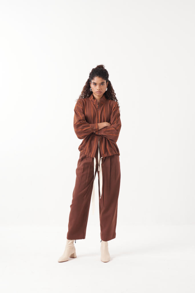DRAWSTRING TOP-CHOCOLATE BROWN by THREE in brown color for women in Singapore