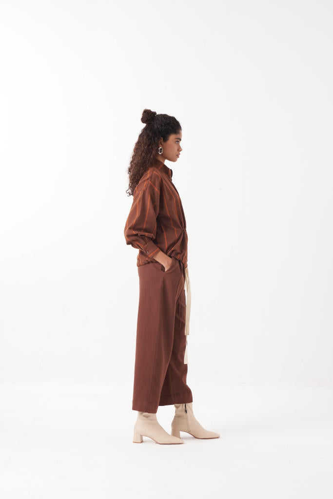 DRAWSTRING TOP-CHOCOLATE BROWN by THREE in brown color for women in Singapore
