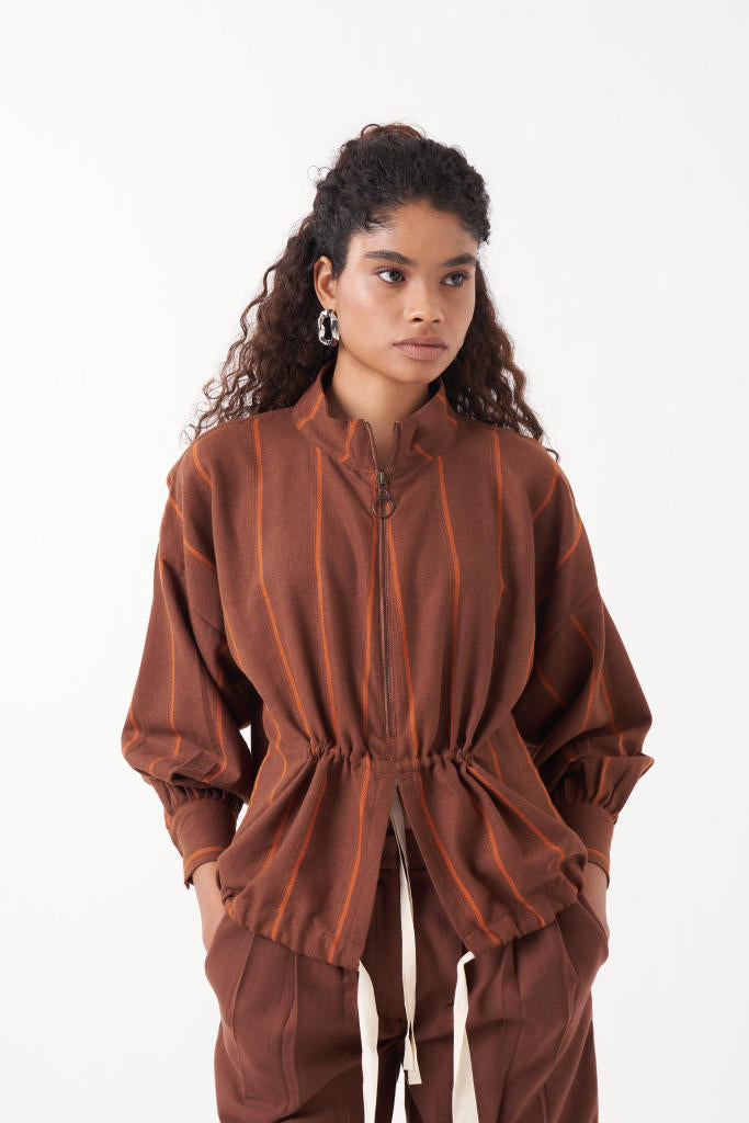DRAWSTRING TOP-CHOCOLATE BROWN by THREE in brown color for women in Singapore