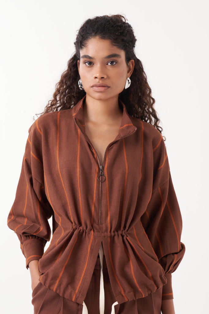 DRAWSTRING TOP-CHOCOLATE BROWN by THREE in brown color for women in Singapore