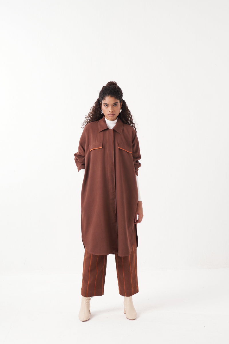 STRIPE THREE PLEAT BOTTOM-CHOCOLATE BROWN by THREE in brown color for women in Singapore