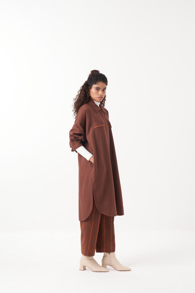 STRIPE THREE PLEAT BOTTOM-CHOCOLATE BROWN by THREE in brown color for women in Singapore