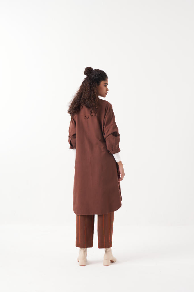 STRIPE THREE PLEAT BOTTOM-CHOCOLATE BROWN by THREE in brown color for women in Singapore