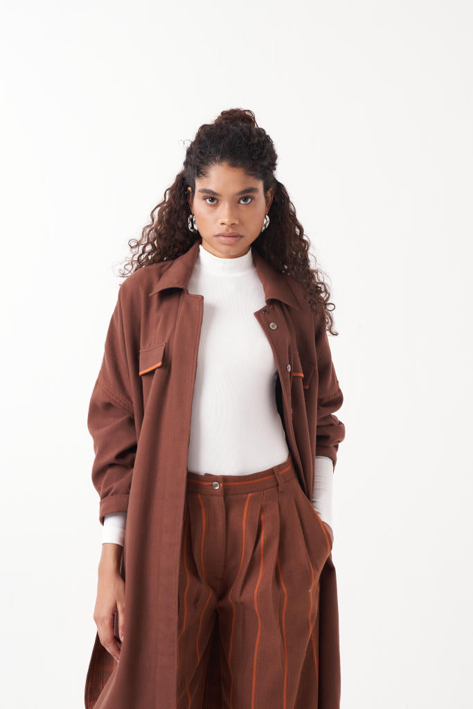 U- HEM JACKET CO-ORD (SET OF 2)-CHOCOLATE BROWN by THREE in brown color for women in Singapore