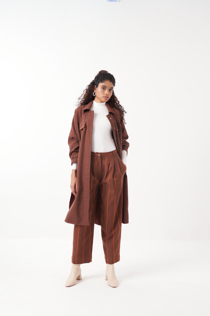 STRIPE THREE PLEAT BOTTOM-CHOCOLATE BROWN by THREE in brown color for women in Singapore