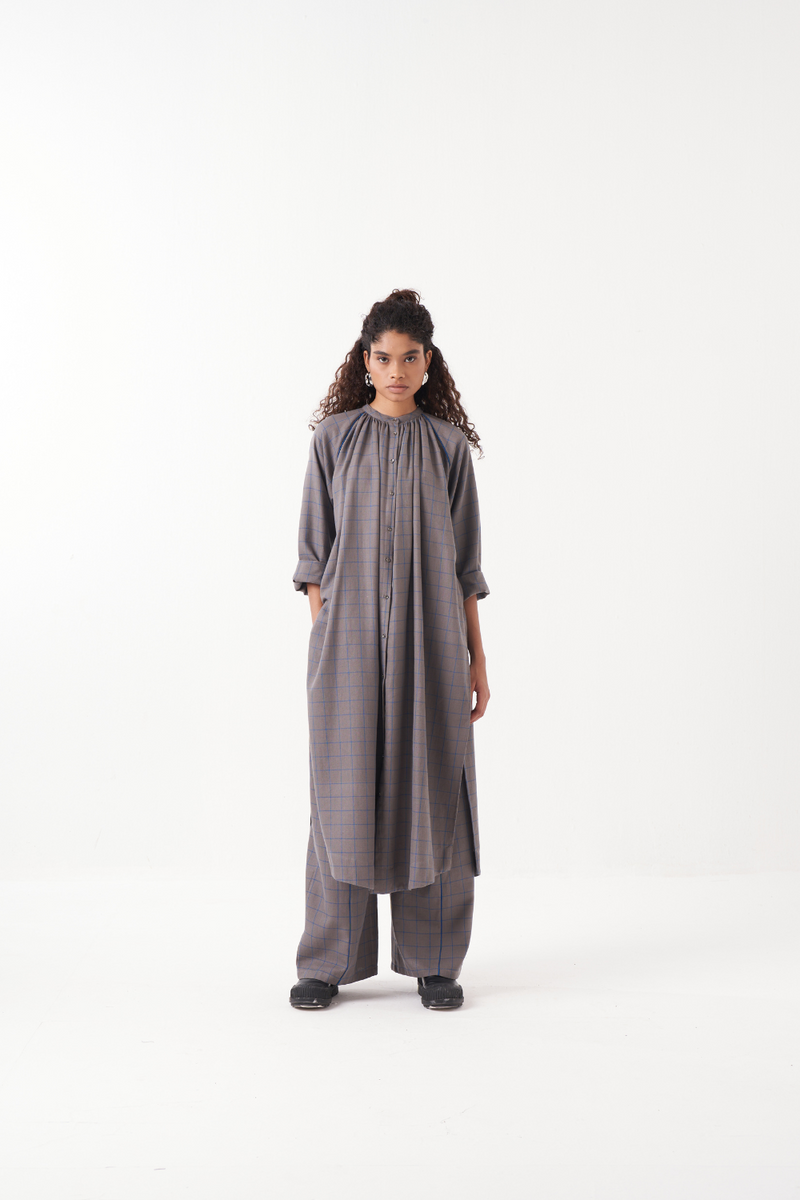 GATHER NECK SHIRT-GREY CHECK by THREE in grey color for women in Singapore