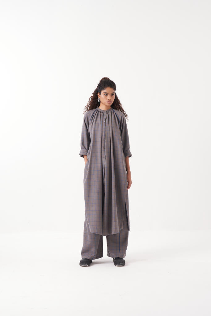 GATHER NECK SHIRT-GREY CHECK by THREE in grey color for women in Singapore