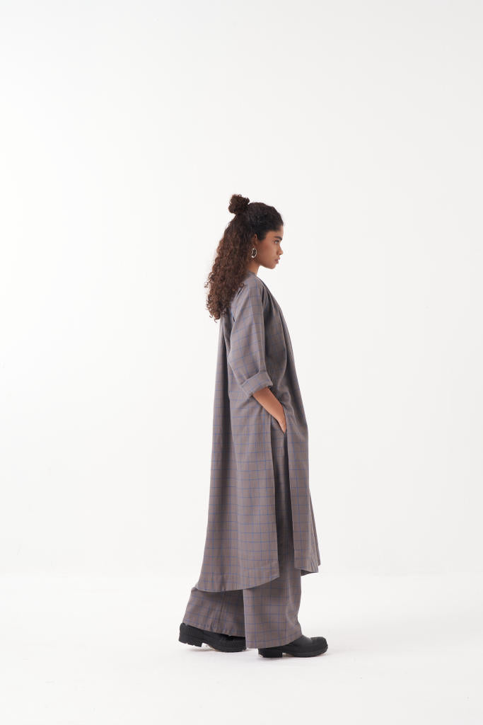 GATHER NECK SHIRT-GREY CHECK by THREE in grey color for women in Singapore