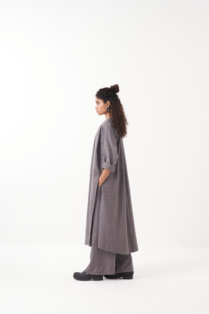 GATHER NECK SHIRT-GREY CHECK by THREE in grey color for women in Singapore