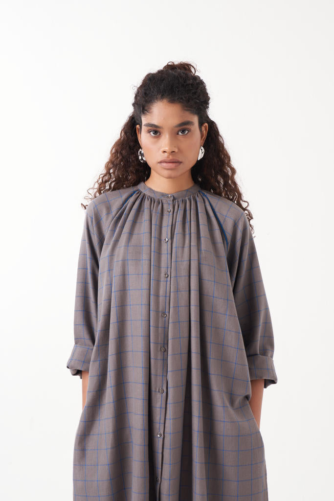 GATHER NECK SHIRT-GREY CHECK by THREE in grey color for women in Singapore