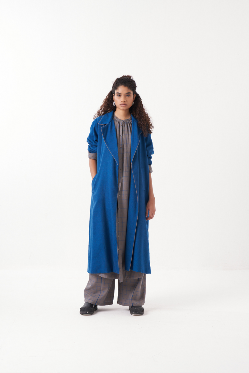 GATHER NECK SHIRT EMB. CHECK CO-ORD (SET OF 3)-ELECTRIC BLUE & GREY CHECK by THREE in grey color for women in Singapore
