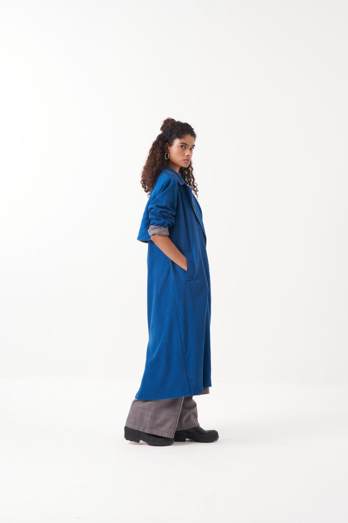 GATHER NECK SHIRT EMB. CHECK CO-ORD (SET OF 3)-ELECTRIC BLUE & GREY CHECK by THREE in grey color for women in Singapore