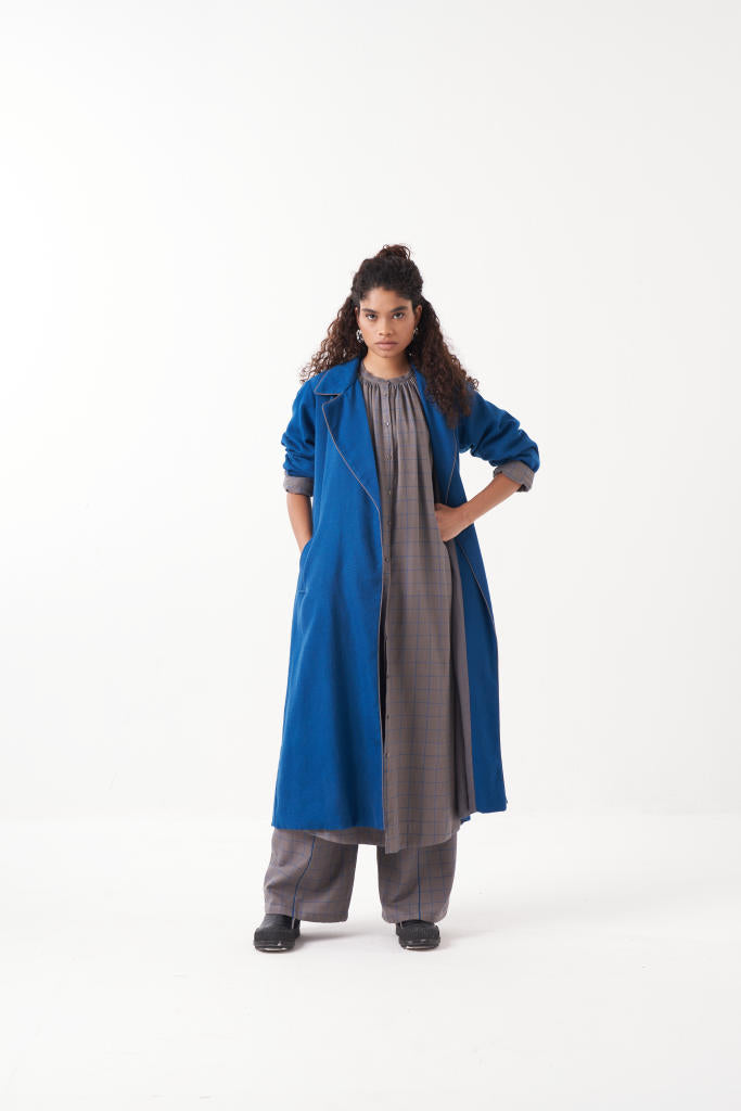GATHER NECK SHIRT EMB. CHECK CO-ORD (SET OF 3)-ELECTRIC BLUE & GREY CHECK by THREE in grey color for women in Singapore