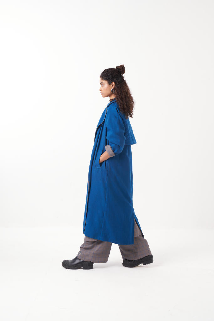 GATHER NECK SHIRT EMB. CHECK CO-ORD (SET OF 3)-ELECTRIC BLUE & GREY CHECK by THREE in grey color for women in Singapore