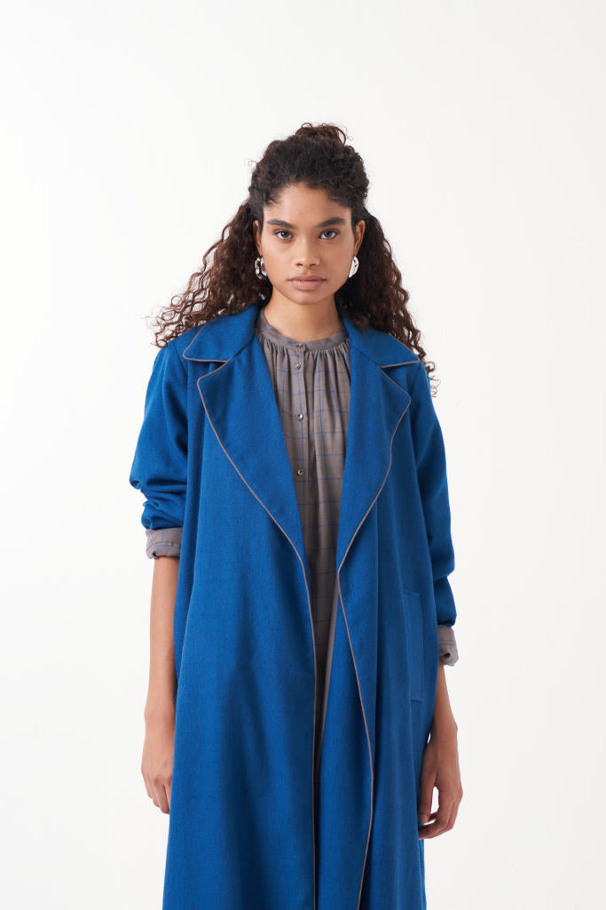 GATHER NECK SHIRT EMB. CHECK CO-ORD (SET OF 3)-ELECTRIC BLUE & GREY CHECK by THREE in grey color for women in Singapore