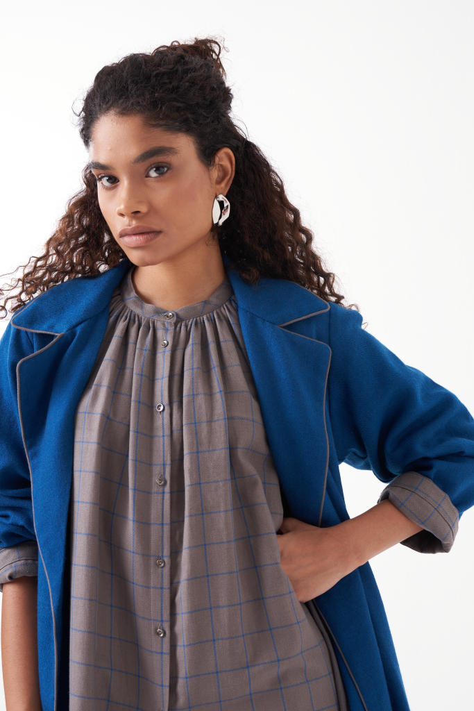 GATHER NECK SHIRT EMB. CHECK CO-ORD (SET OF 3)-ELECTRIC BLUE & GREY CHECK by THREE in grey color for women in Singapore