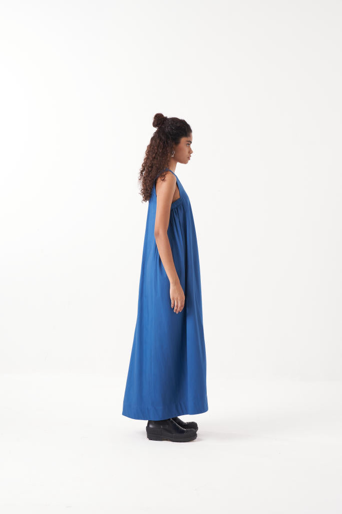 SQUARE ARMHOLE DRESS-ELECTRIC BLUE poplin by THREE in blue color for women in Singapore