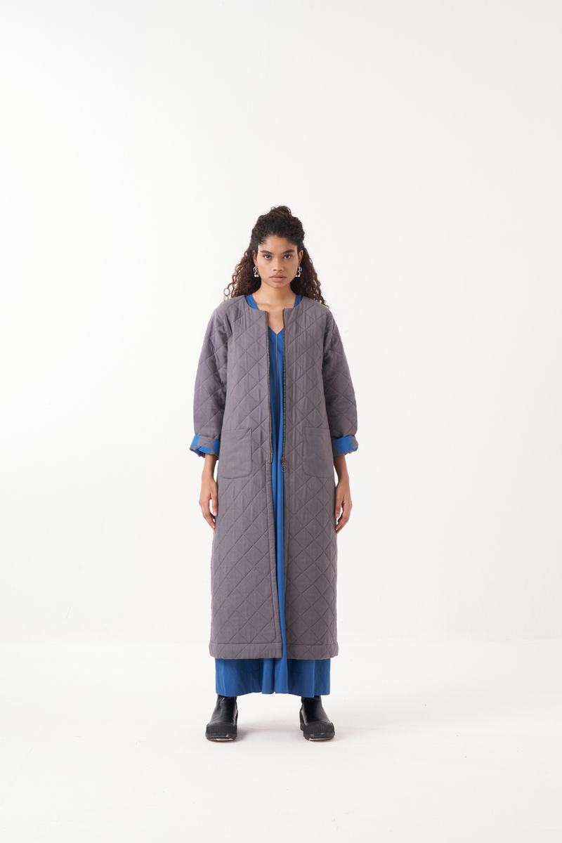 GREY LONG QUILTED JACKET-GREY by THREE in grey color for women in Singapore