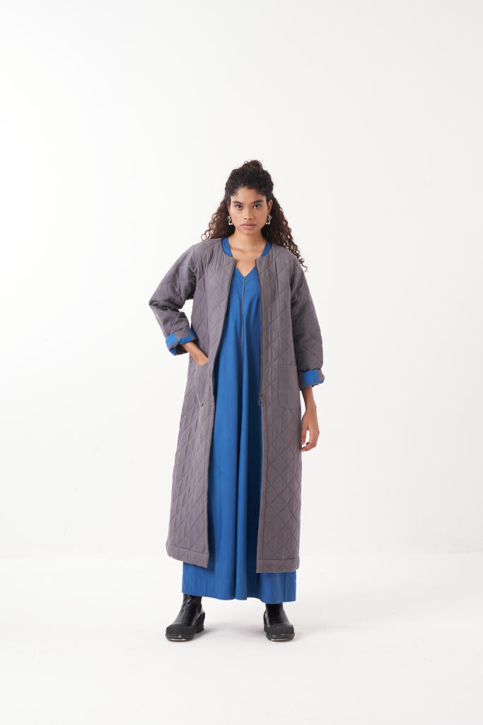 GREY LONG QUILTED JACKET-GREY by THREE in grey color for women in Singapore