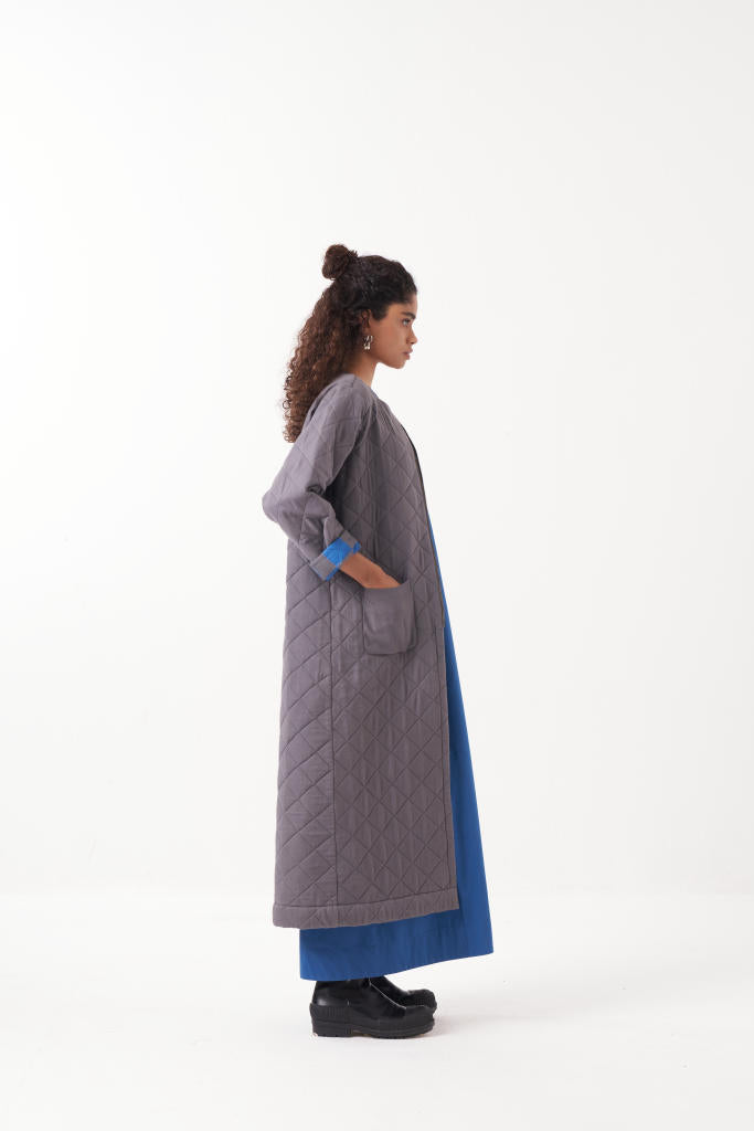 GREY LONG QUILTED JACKET-GREY by THREE in grey color for women in Singapore