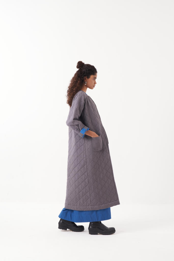 GREY LONG QUILTED JACKET-GREY by THREE in grey color for women in Singapore