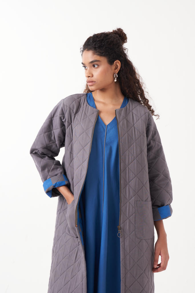 GREY LONG QUILTED JACKET CO-ORD (SET OF 2)-GREY
& ELECTRIC BLUE by THREE in grey color for women in Singapore