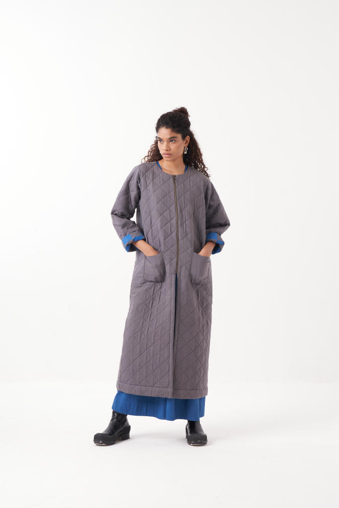 GREY LONG QUILTED JACKET-GREY by THREE in grey color for women in Singapore