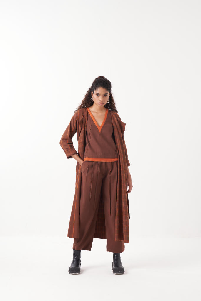 REVERSIBLE OVERLAY CO-ORD (SET OF 3)-CHOCOLATE BROWN by THREE in brown color for women in Singapore