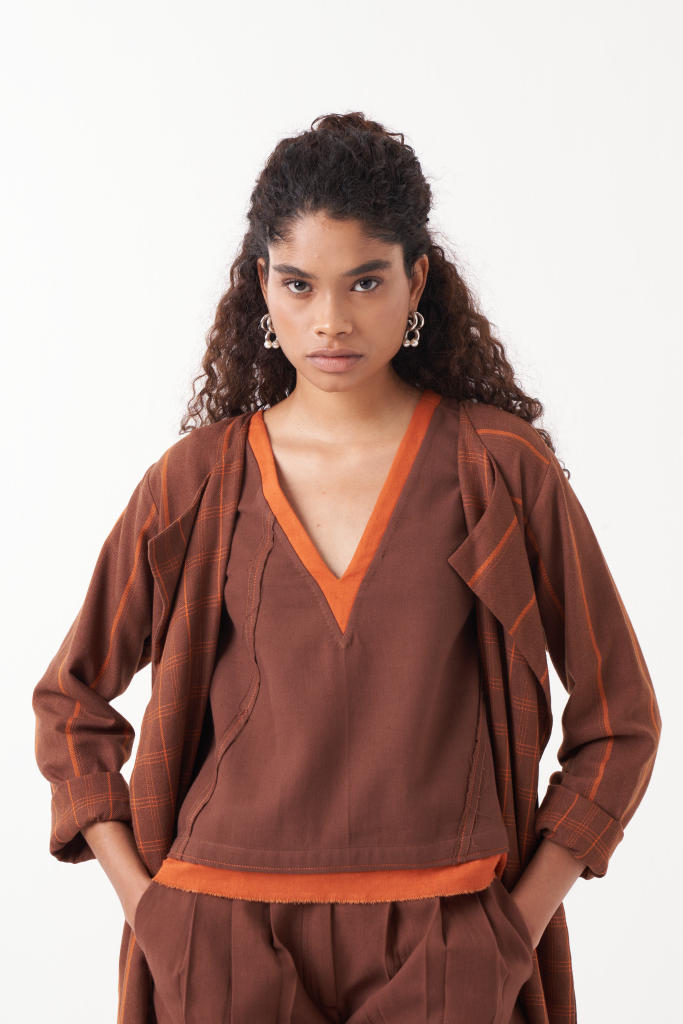 REVERSIBLE OVERLAY CO-ORD (SET OF 3)-CHOCOLATE BROWN by THREE in brown color for women in Singapore