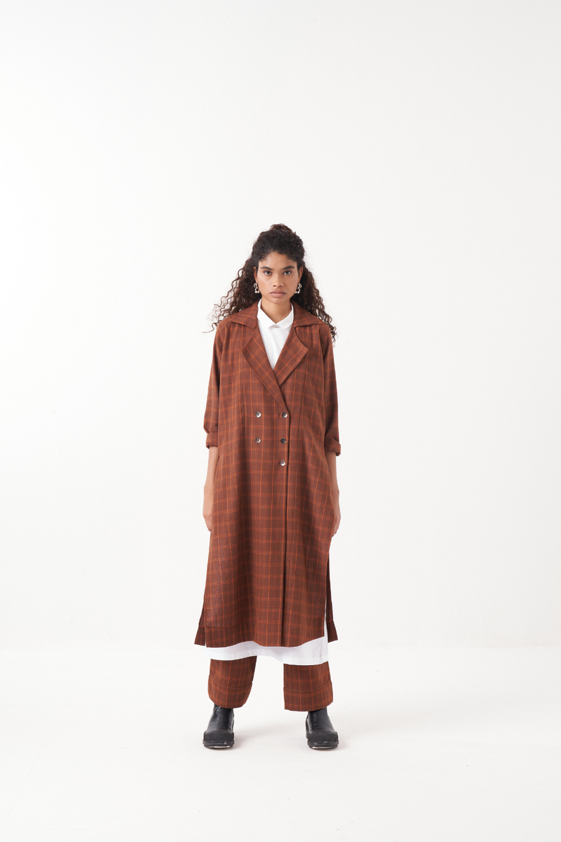 OVERLAP KAFTAN CO-ORD (SET OF 3)-CHOCOLATE RUST CHECK & BROWN by THREE in rust color for women in Singapore