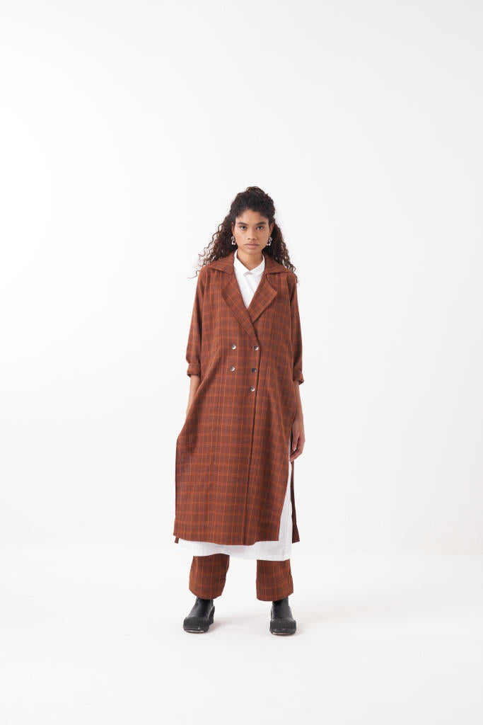 OVERLAP KAFTAN CO-ORD (SET OF 3)-CHOCOLATE RUST CHECK & BROWN by THREE in rust color for women in Singapore